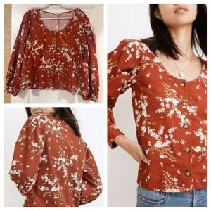 Madewell Corduroy Shirred-Sleeve Button-Front Top in Farmstand Bouquet